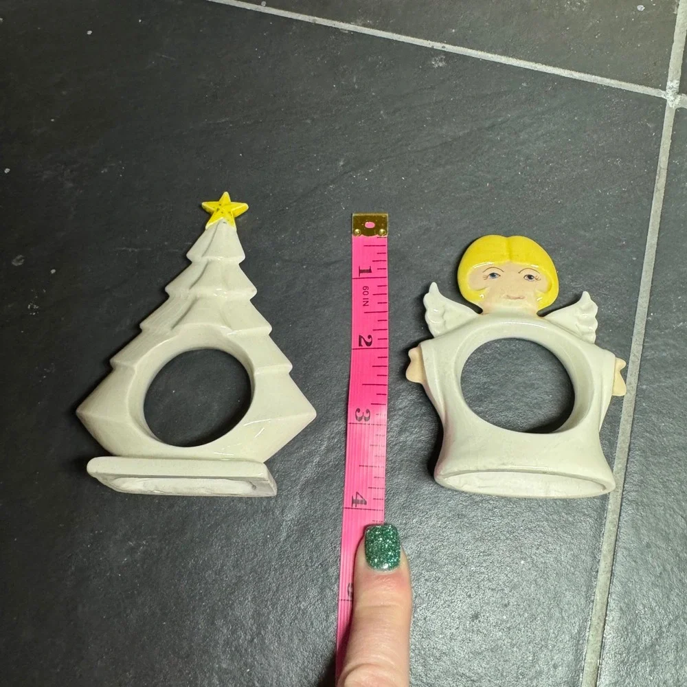 Vintage Ceramic Christmas Napkin Rings Angel and Christmas Tree White Yellow Set
